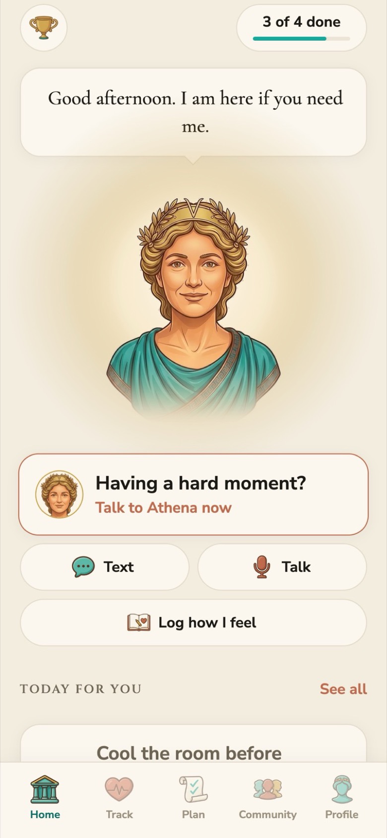 VITAL home screen: Athena says good afternoon, I am here if you need me